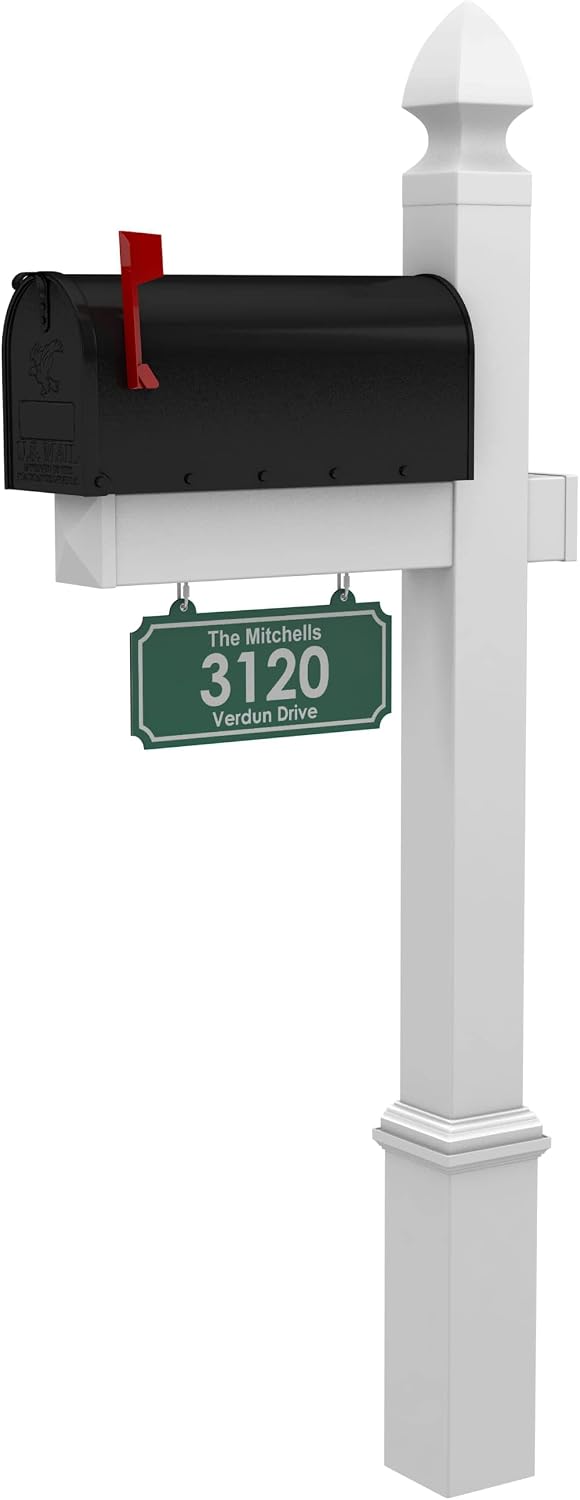 4Ever Products The Carmel Vinyl Mailbox Post System - Includes Black Steel Mailbox and Custom Street Address (Green)