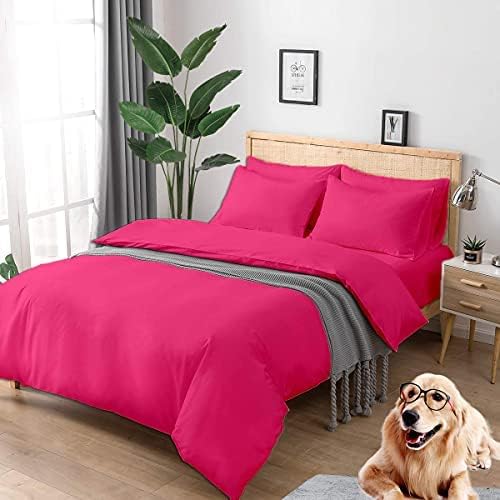 Duvet Cover Set, Alaskan King Size 136'x120' 600 Thread Count Sateen 3 Piece Bedding Set, 100% Pure Cotton Comforter Cover, Two Pillow Shams, Zipper Closure, Corner Ties, (Hot Pink)