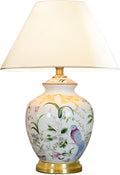 Chinoiserie Ceramic LED Table Lamp, American Flower&Bird Bedside Lamp, Classic White Fabric Lampshade Desk Nightstand Lamp for Bedroom Living Room Office College Bookcase