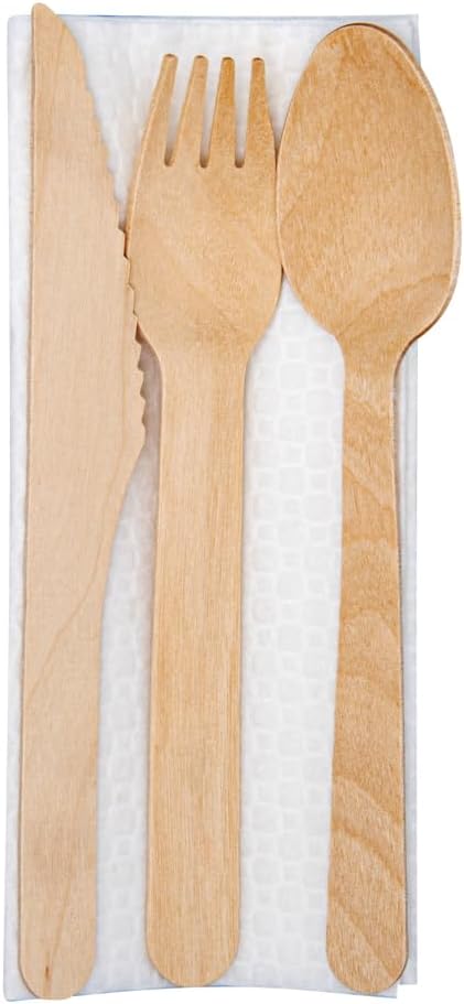 Restaurantware Wood Cutlery Set with Napkin - Tied with Twine - Great For Parties or Catering - Utensil Set - Wooden Fork Knife Spoon and Napkin - 100 ct Box
