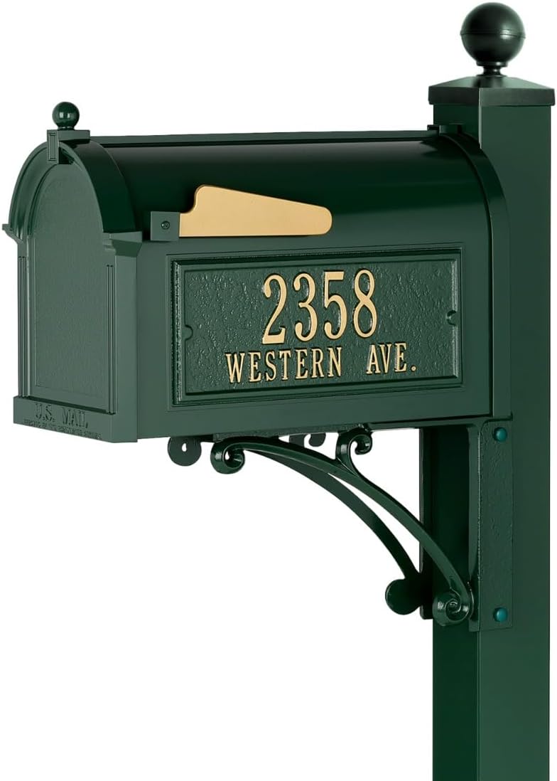 Heavy-Duty Deluxe Mailbox Package in Green Oversized Streetside Mailbox with Number and Street Name Personalized Address Plaques & Decorative Post with Ball Finial