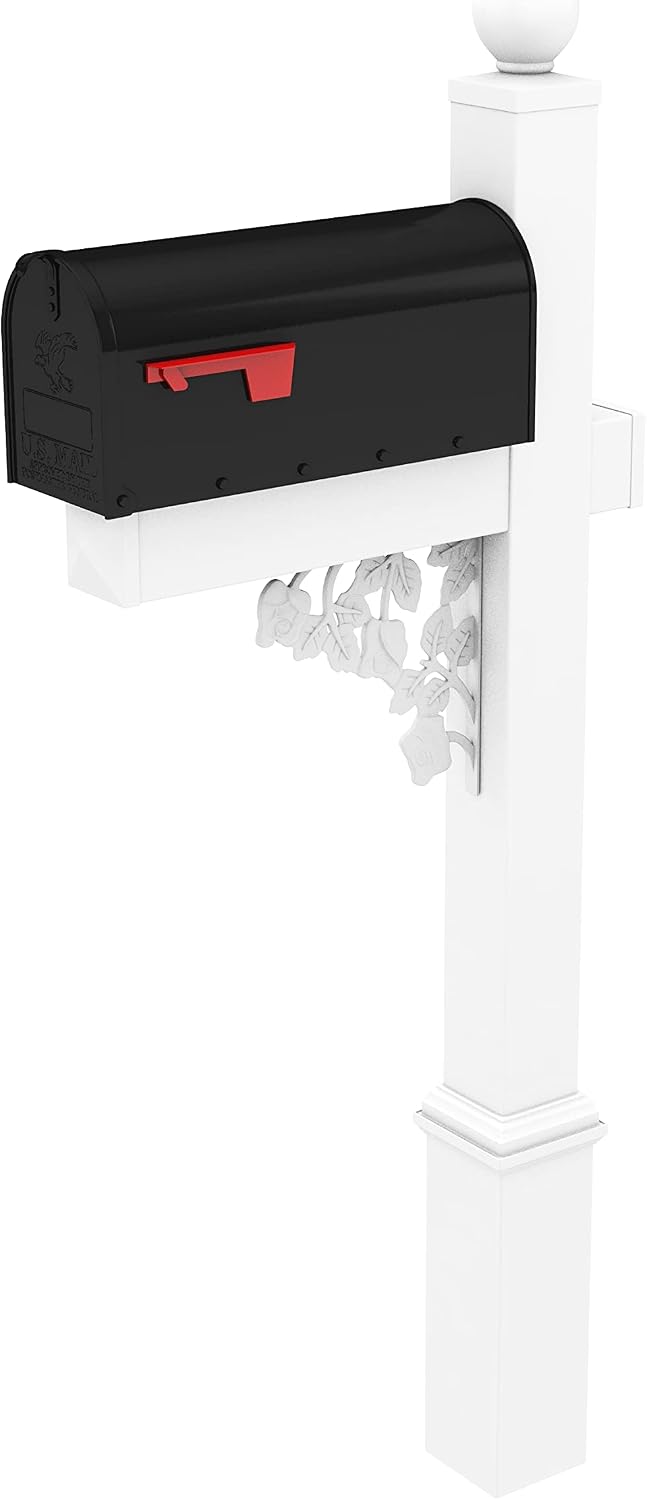 4Ever Products The Truman Vinyl/PVC Mailbox Post (Includes Mailbox) Complete Decorative Curbside Mailbox System with Classic Traditional Style (Black Mailbox)