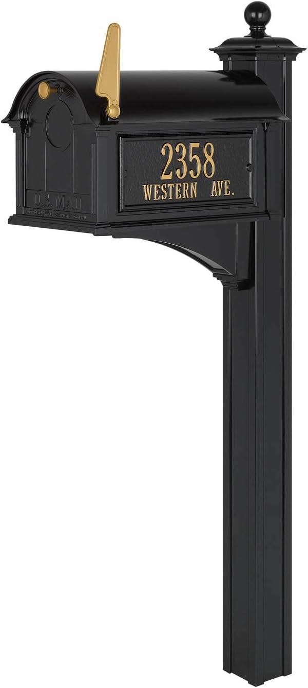 Whitehall Custom Extra Large Mailbox - Balmoral Model with Address Plaques and Side Mount Post Package, Sand Cast Aluminum, Black Personalized in Goldtone