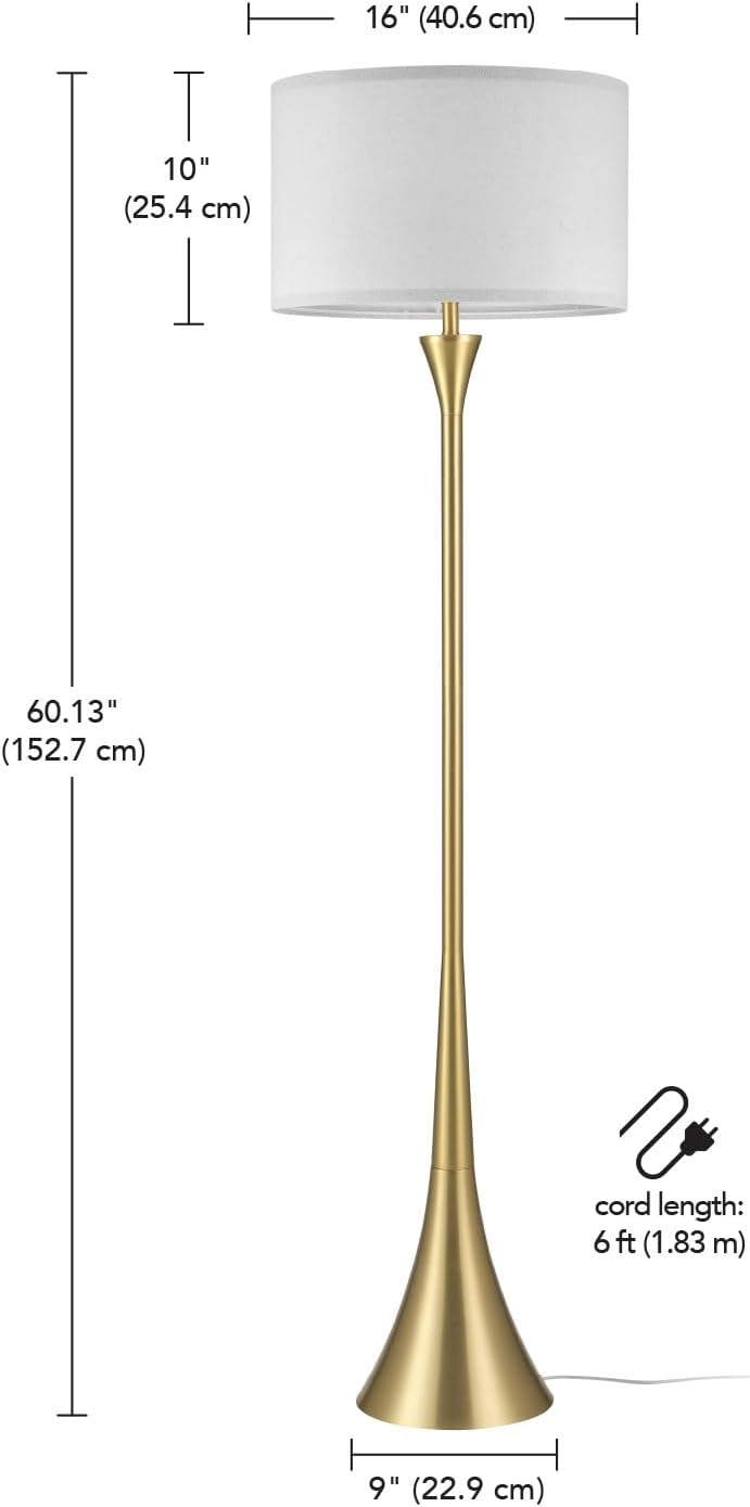 Globe Electric 61000150 60' Floor Lamp, Antique Brass Finish, Beige Fabric Shade, Mid-Century Modern Standing Lamp, E26 Base, Sustainable Design for Living Rooms and Bedrooms