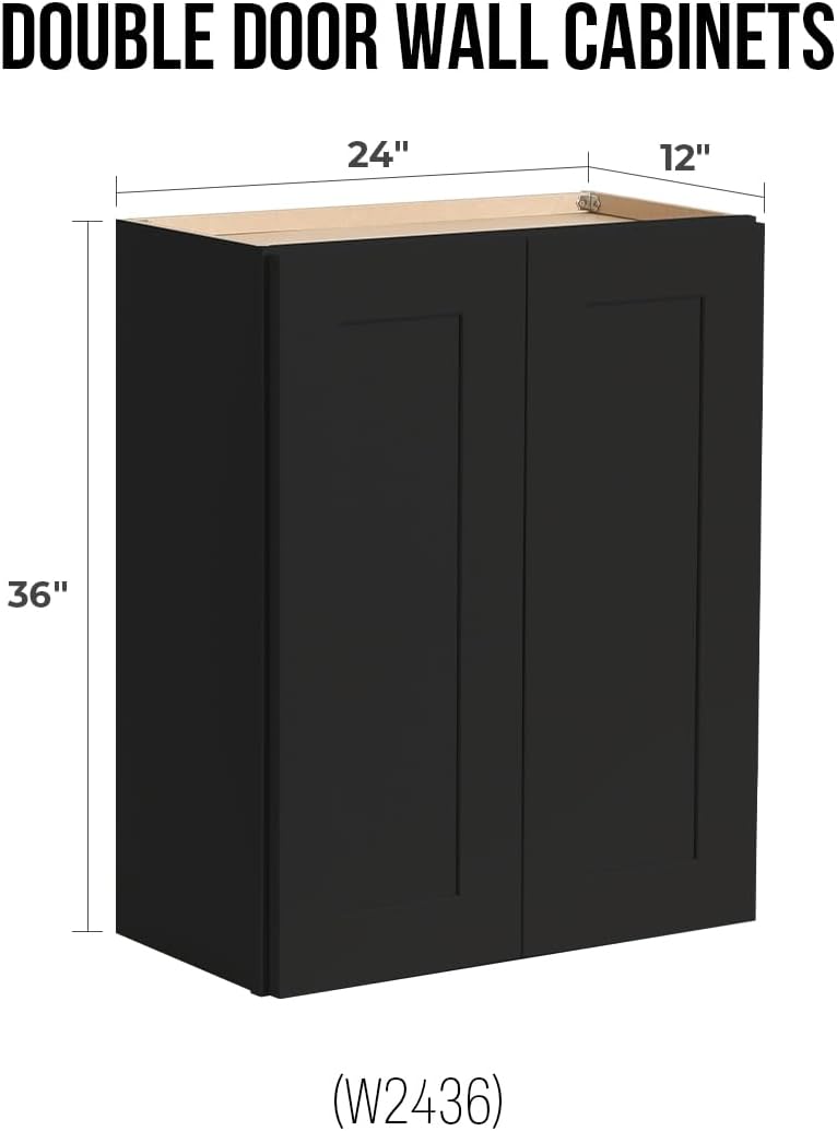Solid Wood Wall-Mounted Medicine Cabinet, Kitchen Wall - Cabinet, Bathroom Cabinet Wall Mounted with Adjustable Shelves, 2 Doors Wall Calbinet (Charcoal Black, 24' W x 36' H x 12' D)