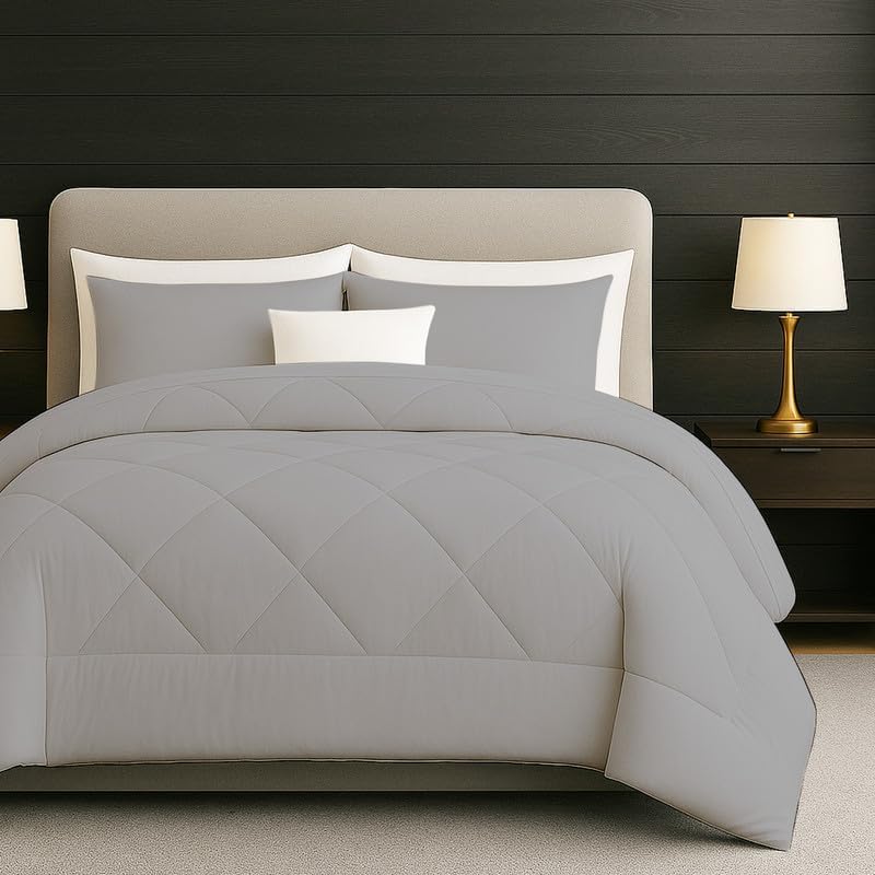 Egyptian Cotton Oversized Queen Size Comforter Sets - Dark Grey Color, Soft Lightweight Bed Set, All Season Gray Bedding Sets - 1 Comforter & 2 Pillow case