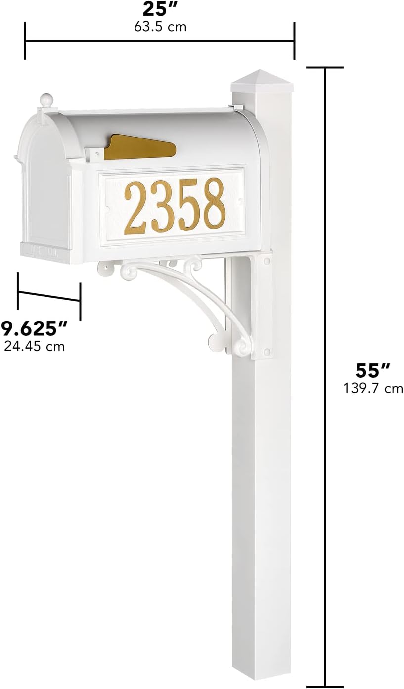 Whitehall Superior Mailbox with Side Address Plaques, Personalized Large Mailbox with Post and Address Plaque for Outside, Package Mailbox with Post White