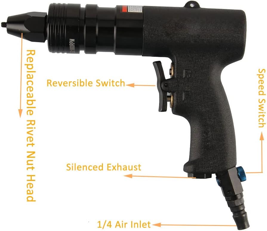 Industrial Grade Adjustable Speed Pneumatic Rivet Nut Gun, Insert Thread Pull Setter Riveting Nuts Tool with Self-Locking Head Gun,M5M6 (M8M10)