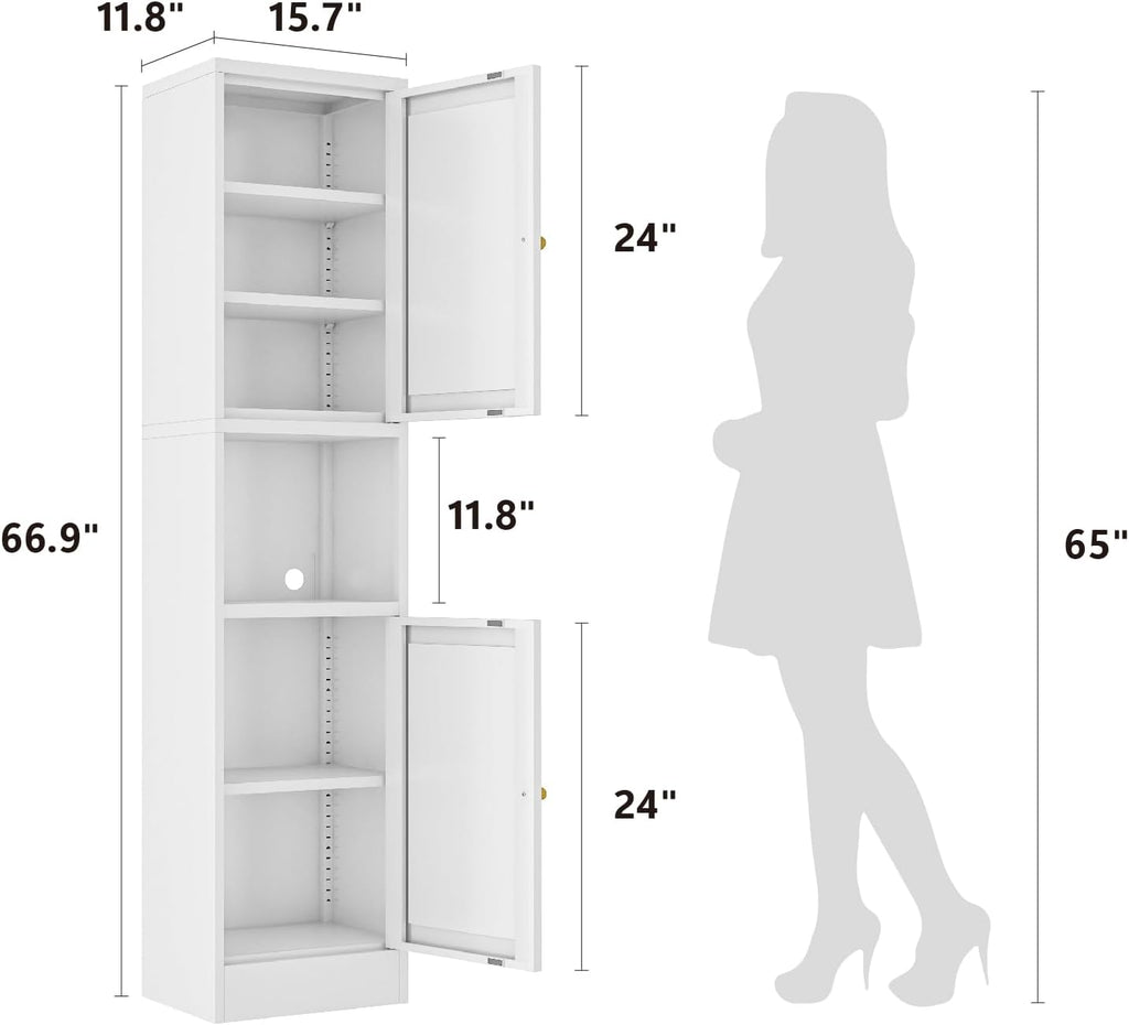 Metal Bathroom Storage Cabinet, 67' Tall Narrow Freestanding Floor Cabinet with Adjustable Shelves and Open Compartment, Slim Metal Locker for Laundry, Kitchen, Dining Room