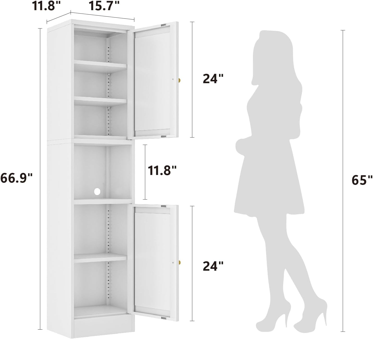 Metal Bathroom Storage Cabinet, 67' Tall Narrow Freestanding Floor Cabinet with Adjustable Shelves and Open Compartment, Slim Metal Locker for Laundry, Kitchen, Dining Room
