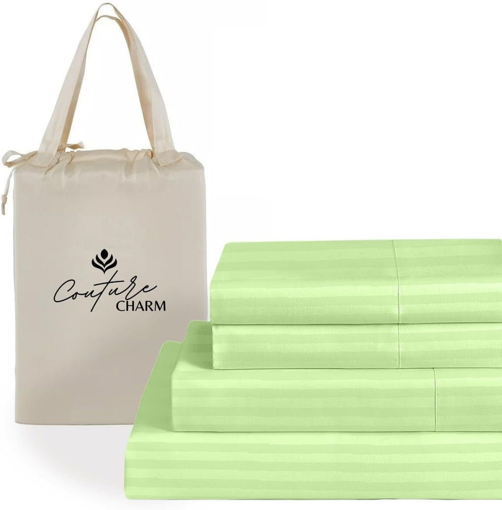 Queen Size 1000 Thread Count 100% Egyptian Cotton Sheet Set, 4-Piece, Sateen Weave, with 10-12' Inch Deep Pocket Snug Fit (Stripe, Sage Green)