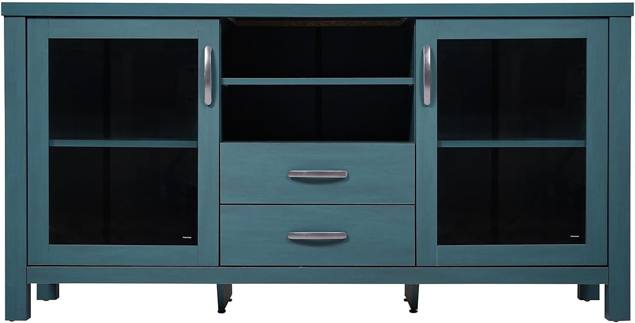 Flash Furniture Dion Modern Buffet Sideboard Storage Cabinet, Engineered Wood Construction, 2 Tempered Glass Soft Close Doors, 2 Drawers, Open Shelf, 59', Teal