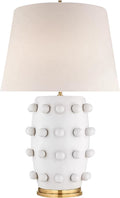 White Ball Farmhouse Ceramic Table Lamp Classic Nightstand Large Linden Lamp with Fabric Shade in Flat White White Table Lamp for Living Room, Bedroom, Office, and Home