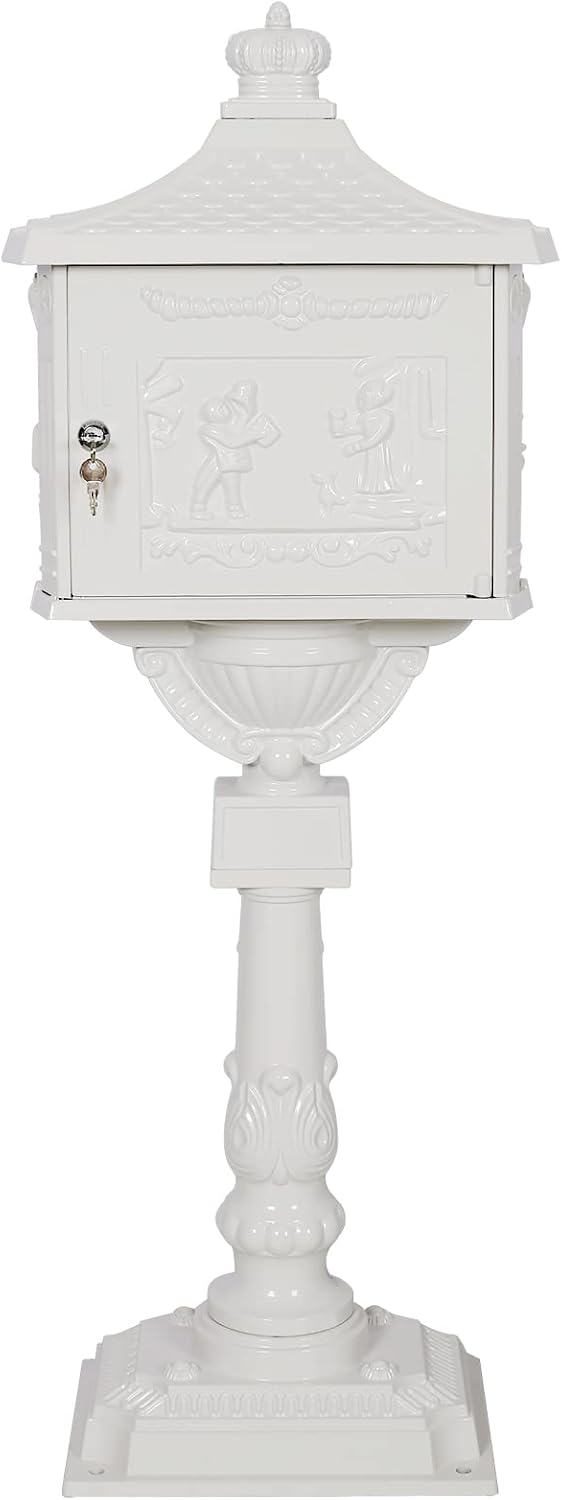 Montary Cast Aluminum Mailbox with Post, Heavy Duty Locking Security Mail Box for House Outside, Vintage Rust-Proof Large Postal Box with Keys & Baffle Door Postal Mailbox (White)