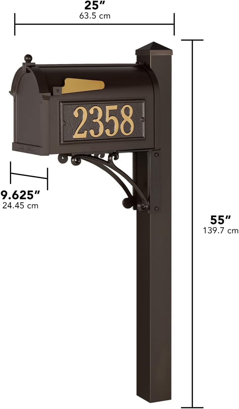 Whitehall Superior Mailbox with Side Address Plaques, Personalized Large Mailbox with Post and Address Plaque for Outside, Package Mailbox with Post Bronze