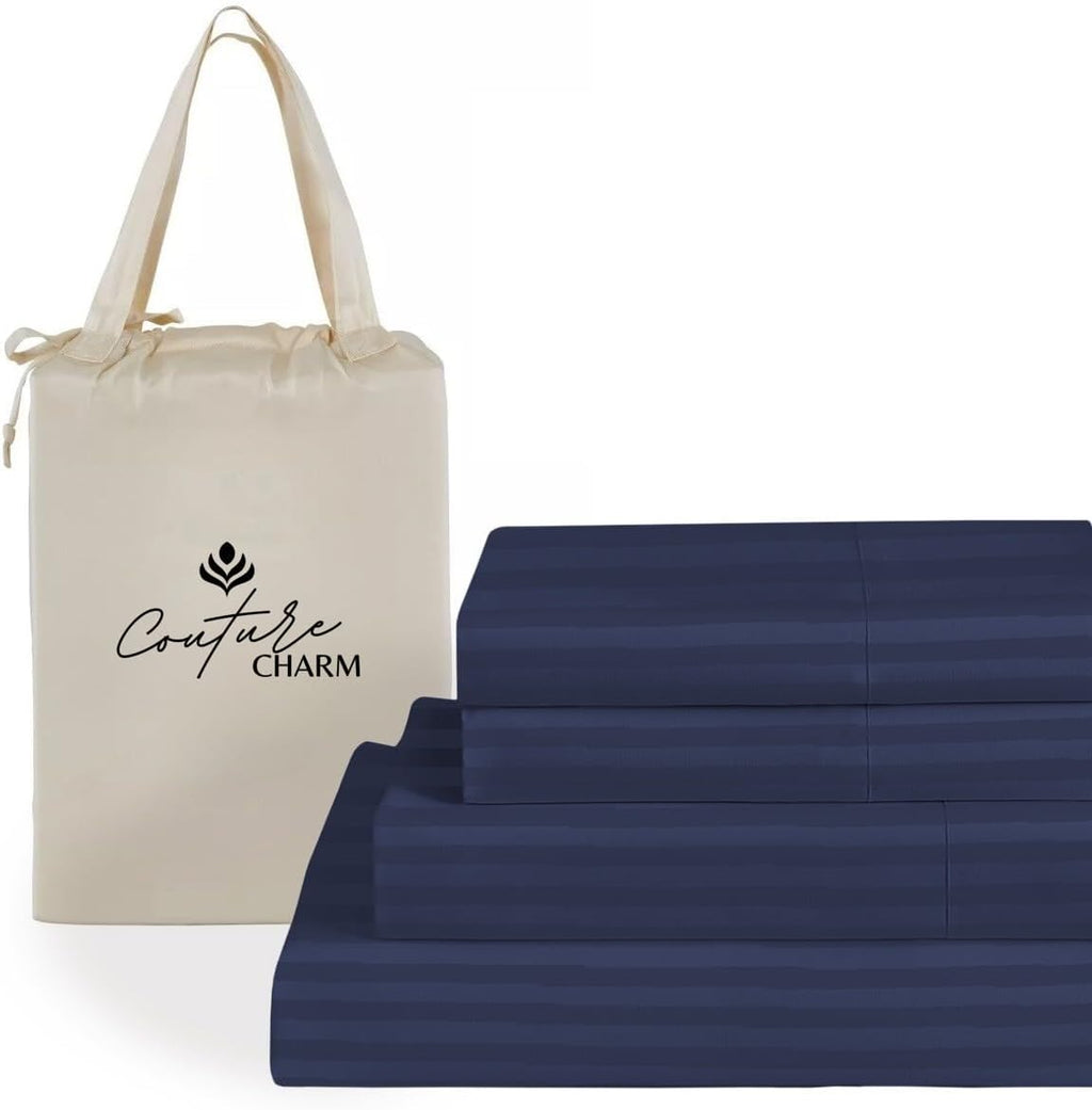 Queen Size 1000 Thread Count 100% Egyptian Cotton Sheet Set, 4-Piece, Sateen Weave, with 10-12' Deep Pocket Snug Fit (Stripe, Navy Blue)