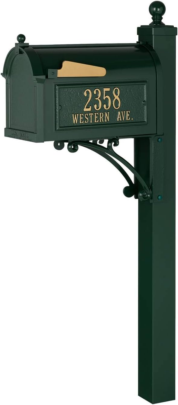 Whitehall Custom Extra Large Mailbox - Capitol Model with Address Plaque and Side Mount Post Package, Sand Cast Aluminum, Green Personalized in Goldtone
