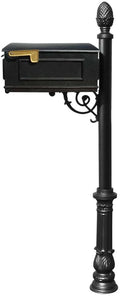 Lewiston Cast Aluminum Post Mount Mailbox with Aluminum Mailbox, Ornate Base and Pineapple Finial, Black, Ships in 2 boxes