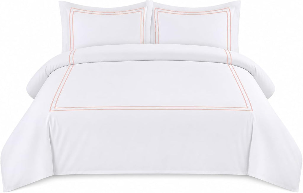 BedDecor Luxury 400-TC Egyptian Cotton 5PC Embroidered Duvet Cover Set with Beautiful 2-Stripe Embroidery(Blush Full/Queen)