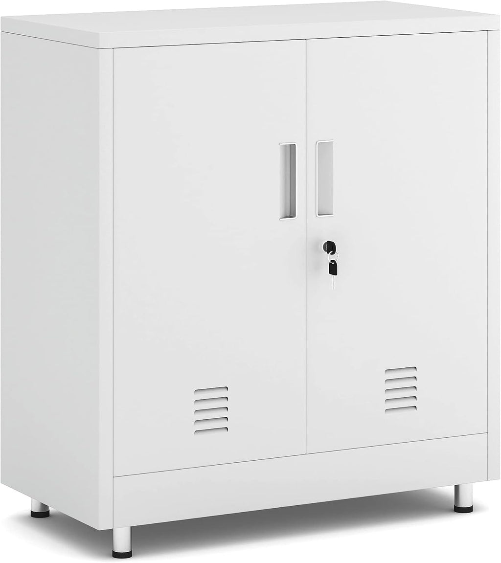 JINGUR Metal Storage Cabinet with Locking Doors and Adjustable Shelf, Small Lockable Sideboard Buffet Cabinet for Home Office Hallway Entryway Living Dining Room (White)
