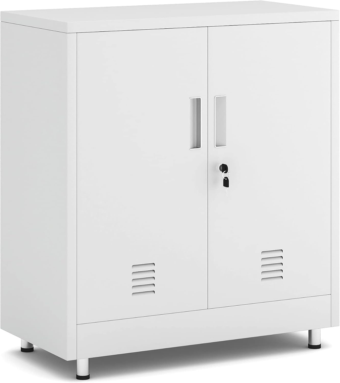 JINGUR Metal Storage Cabinet with Locking Doors and Adjustable Shelf, Small Lockable Sideboard Buffet Cabinet for Home Office Hallway Entryway Living Dining Room (White)