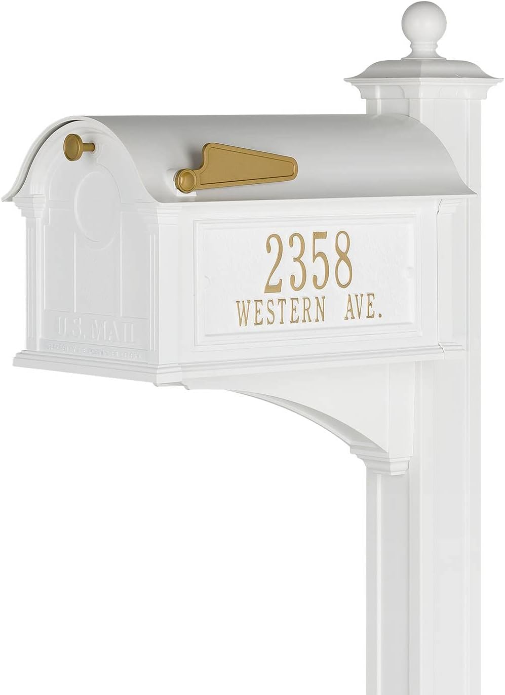 Whitehall Custom Extra Large Mailbox - Balmoral Model with Address Plaques and Side Mount Post Package, Sand Cast Aluminum, White Personalized in Goldtone