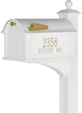 Whitehall Custom Extra Large Mailbox - Balmoral Model with Address Plaques and Side Mount Post Package, Sand Cast Aluminum, White Personalized in Goldtone