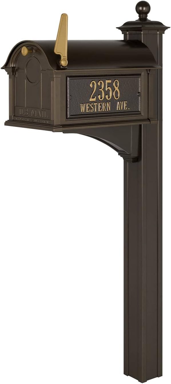 Whitehall Custom Extra Large Mailbox - Balmoral Model with Address Plaques and Side Mount Post Package, Sand Cast Aluminum, Bronze Personalized in Goldtone