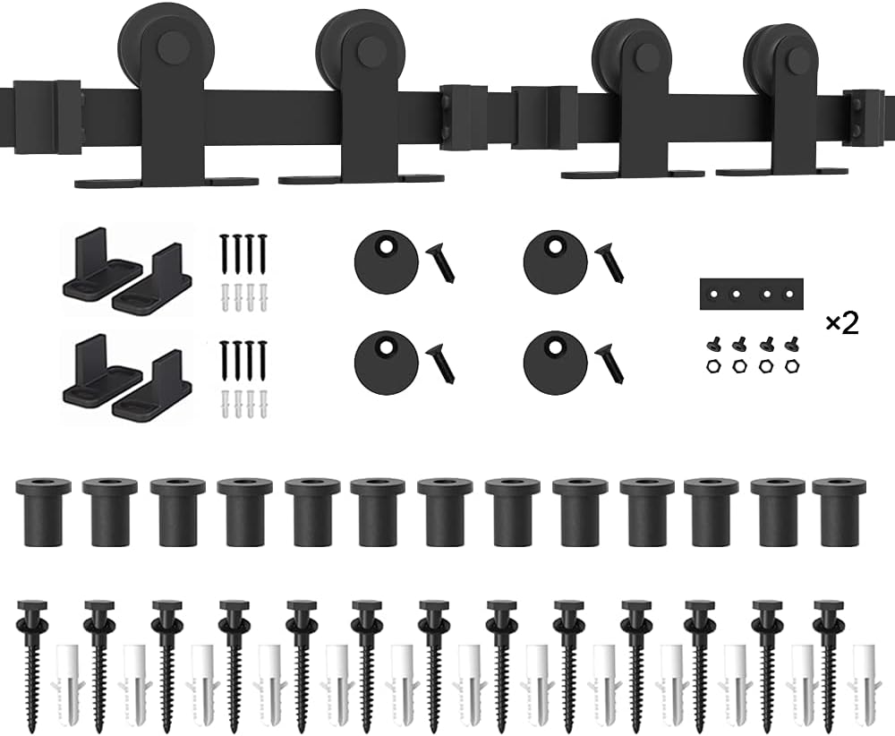 WINSOON 16FT WinSoon Antique Top Mount Double Sliding Barn Wood Door Hardware Cabinet Kit Black