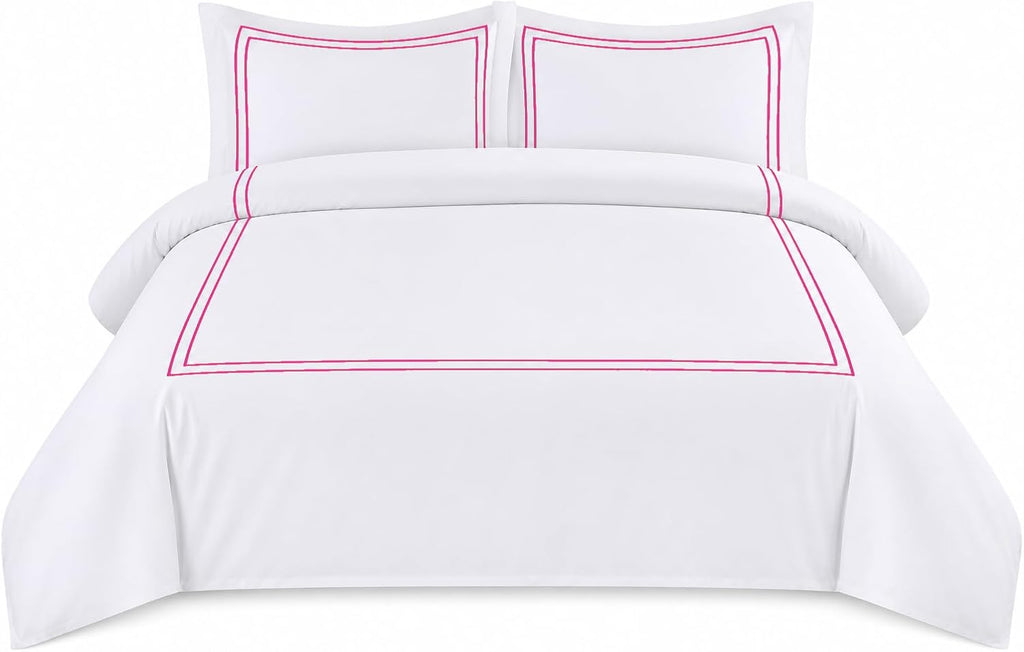 BedDecor Luxury 400-TC Egyptian Cotton 5PC Embroidered Duvet Cover Set with Beautiful 2-Stripe Embroidery(Hot Pink, Full/Queen)