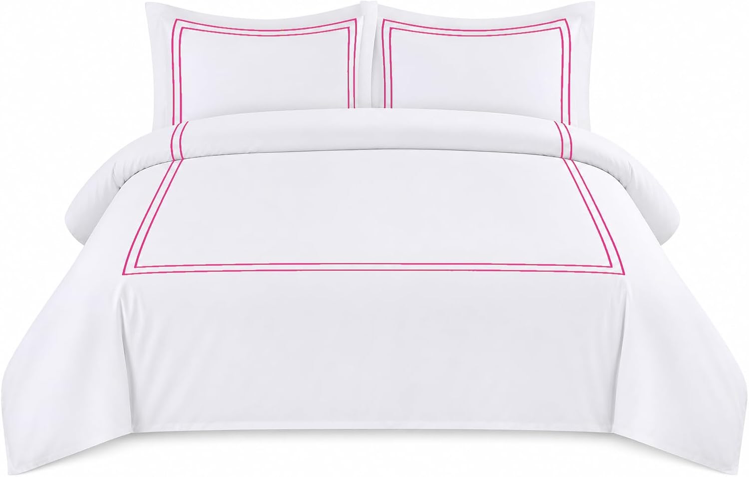 BedDecor Luxury 400-TC Egyptian Cotton 5PC Embroidered Duvet Cover Set with Beautiful 2-Stripe Embroidery(Hot Pink, Full/Queen)