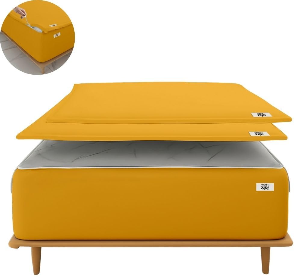 COTTON STICH 600 TC Zipper Fitted Sheet, 100% Egyptian Cotton, 18' Deep Pocket, Easy Zip Change, All-Around Secure Fit - Queen Size Bed - Gold Yellow