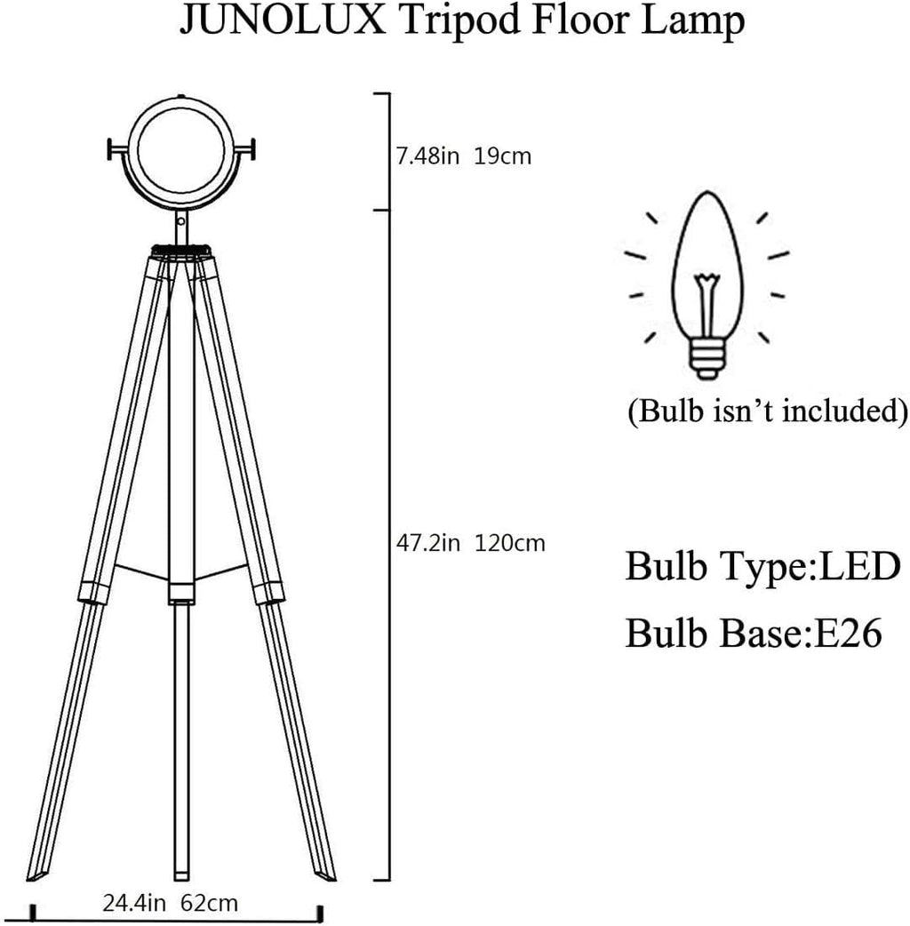 DEC LUCE DECOLUCE LIGHTING Vintage Industrial Tripod Floor Lamp - Adjustable Spotlight for Living Room & Bedroom | Wooden & Metal Design | Perfect for Office, Cinema, Dorm | Black (Bulb Not Included)