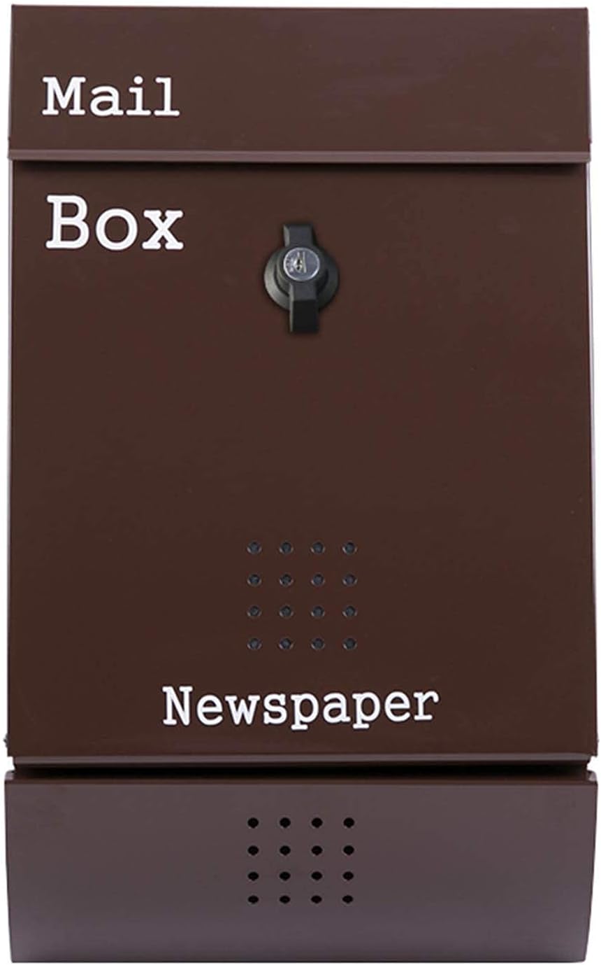 Letter Box Modern Metal Mailbox with Locked and Keys Residential Office Hanging Brown Post/Letter Box with Newspapers Compartment