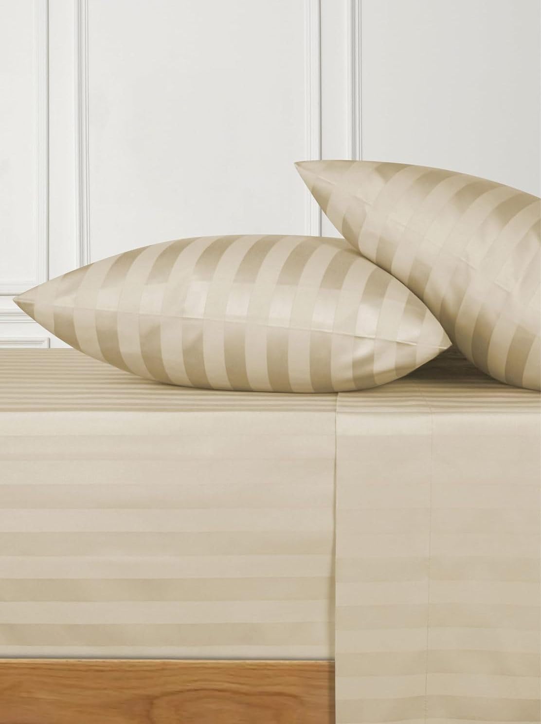 Queen Size 1000 Thread Count 100% Egyptian Cotton Sheet Set, 4-Piece, Sateen Weave, with 10-12' Deep Pocket Snug Fit (Stripe, Beige)