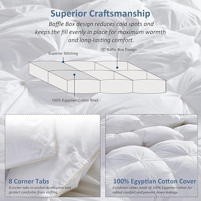 Premium All-Season Full Size Luxury Siberian Goose Down Pinch Pleated Comforter Duvet Insert 1200 Thread Count 100% Egyptian Cotton Down Feather Comforter (Full, White)