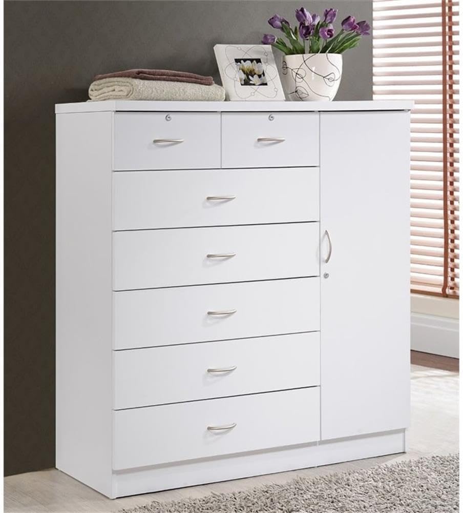 BOWERY HILL 7 Drawer Chest, White Wood, 48.6 in H x 47.2 in W x 17.6 in D, 2 Locking Drawers and Door with Shelves, Hanging Rod, Adjustable Shelves, Bedroom Storage Furniture