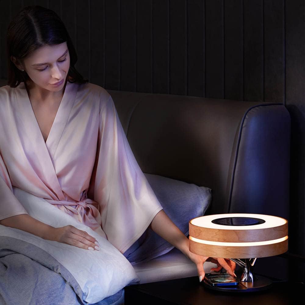 Bonsai Modern LED Bedside Smart Table Lamp with Built-in TWS Bluetooth Speaker and Qi Wireless Charger for Home and Office, Stepless Dimming with Sleep Mode (Circle of Light)