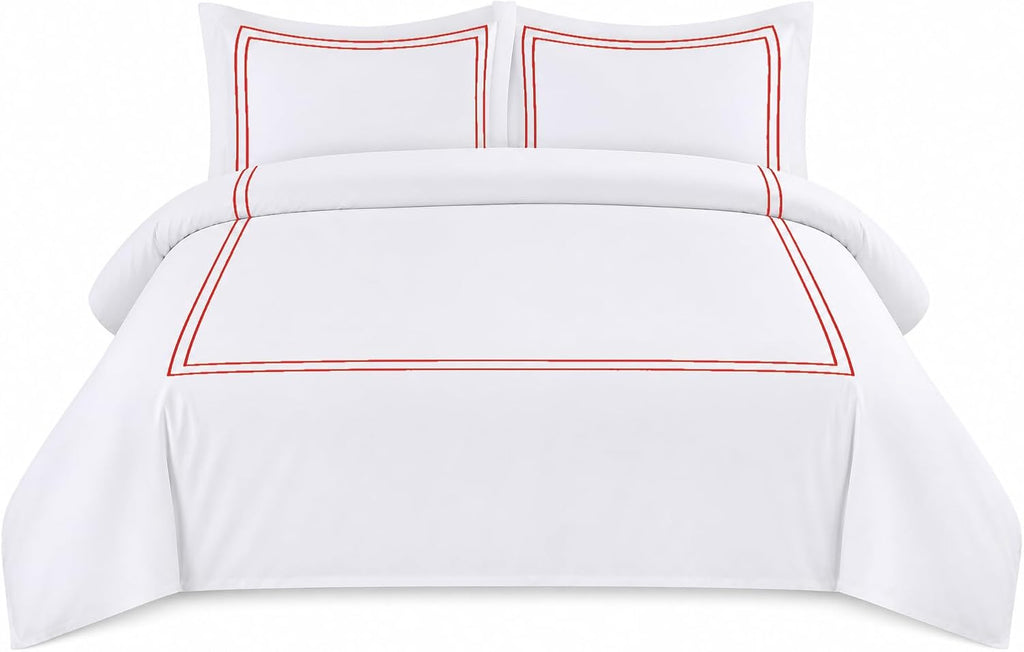 BedDecor Luxury 400-TC Egyptian Cotton 5PC Embroidered Duvet Cover Set with Beautiful 2-Stripe Embroidery(Blood Red, Full/Queen)