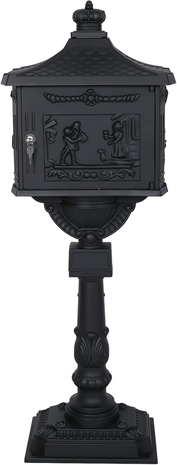 Cast Aluminum Mailbox Postal Box, Locking Mailbox for Outside with Keys, Curbside Mail Manager Outside Weatherproof Rustproof Security Post-Mount Mail Box (Black)