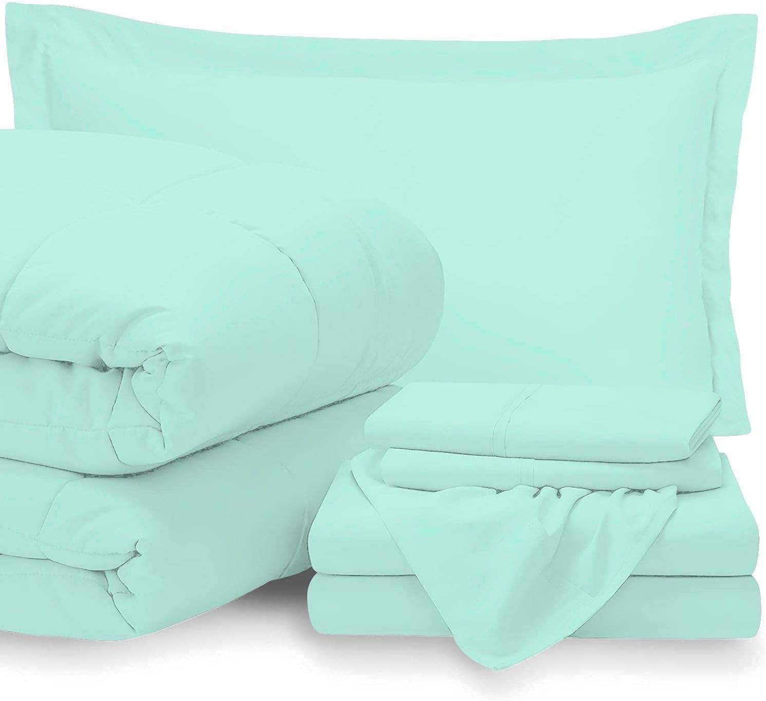 7 Piece Bed-in-A-Bag Comforter & Sheet Set 8-10' Deep Pocket, 100% Egyptian Cotton Queen Size, Aqua Blue, Sets Include - 1Comforter, 1Flat Sheet,1Fitted Sheet, 2Pillowcase & 2Pillowsham