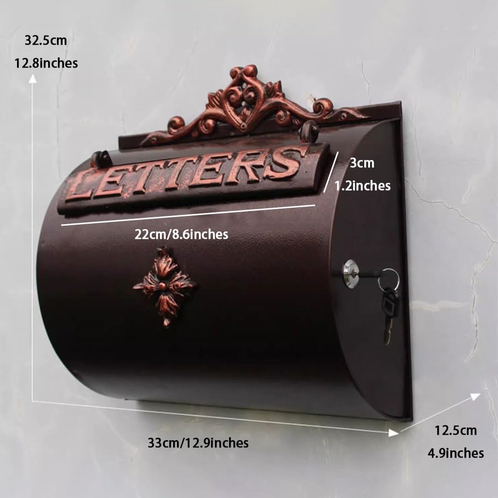 Half-Round Iron Aluminum Mailbox - European Courtyard Post Box, with Floral Engraving, Wall Decorative for Estate, Patio