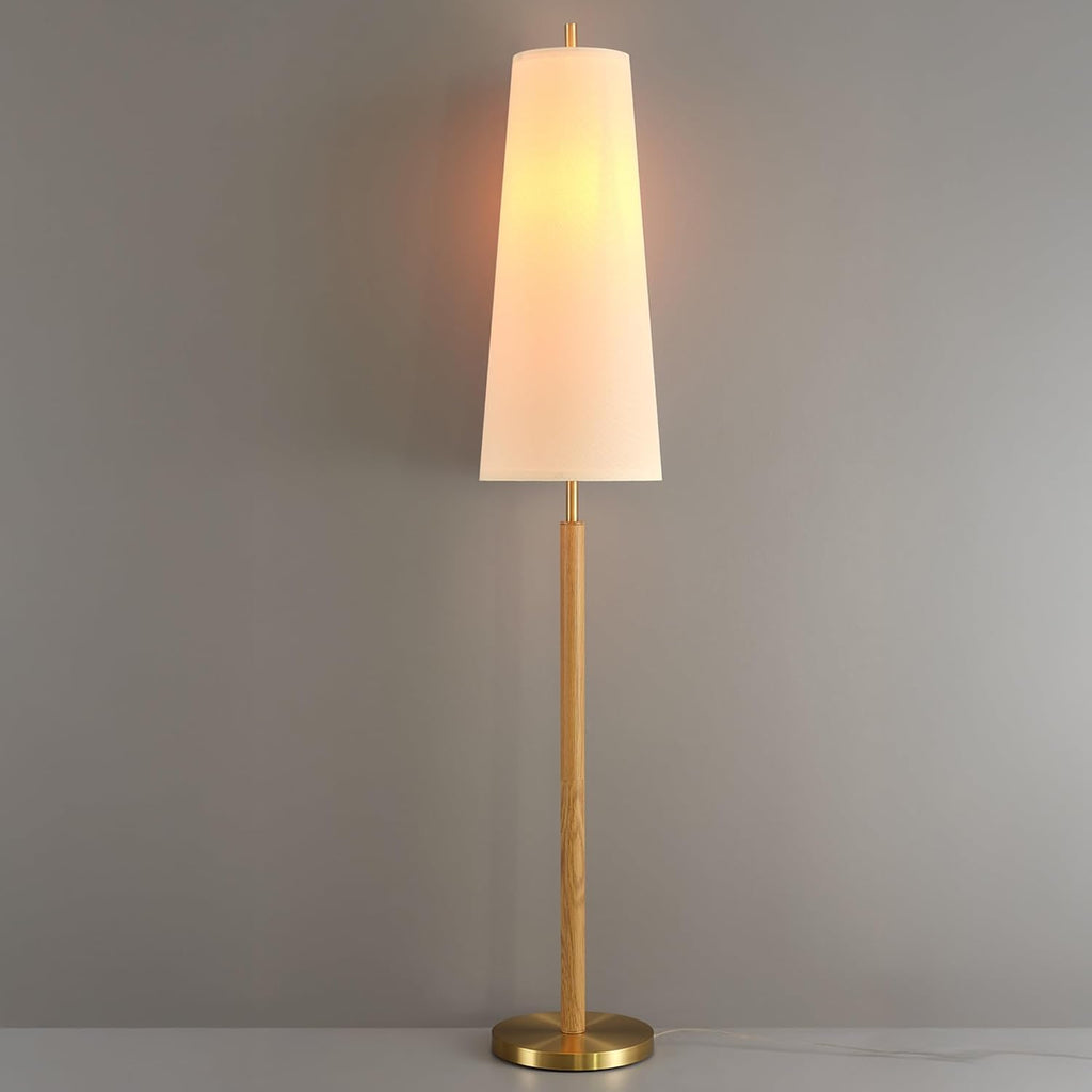 Globe Electric 61000173 63' Floor Lamp, Matte Brass, Wood Toned Accent, Long White Fabric Shade, in-Line On/Off Foot Switch, 6.7-Foot Clear Cord, 1-Light, 60W E26/Medium Base Bulb