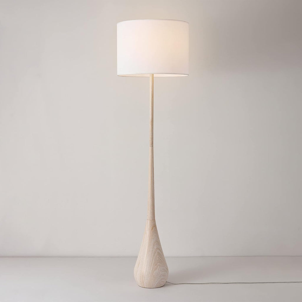Globe Electric 65' Floor Lamp, Wood-Toned Finish, White Cotton Shade, Japandi Style, E26 Base, On/Off Rotary Switch, 5-Ft Cord, 52112