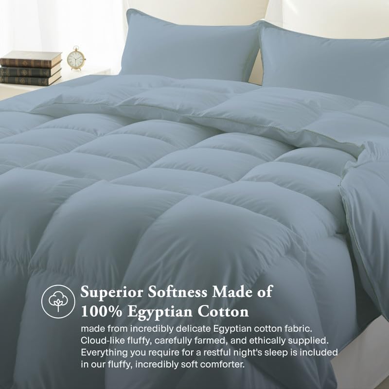 Egyptian Cotton Oversized Queen Size Comforter Sets - Light Blue Color, Soft Lightweight Bed Set, All Season Gray Bedding Sets - 1 Comforter & 2 Pillow case