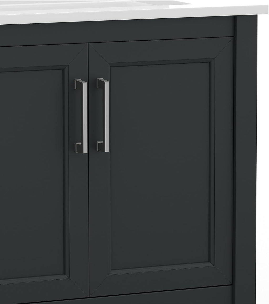 Flash Furniture Vega 30 Inch Bathroom Vanity with Sink Combo, Storage Cabinet with Soft Close Doors and Open Shelf, Carrara Marble Finish Countertop, Black