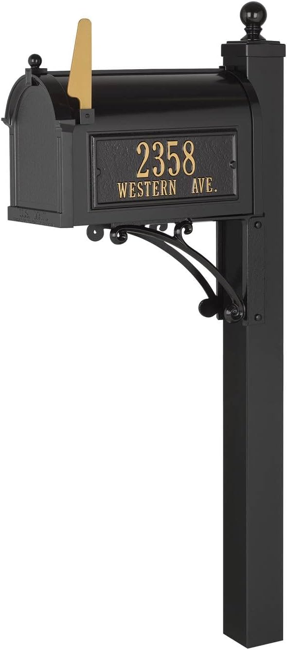 Whitehall Custom Extra Large Mailbox - Capitol Model with Address Plaque and Side Mount Post Package, Sand Cast Aluminum, Black Personalized in Goldtone