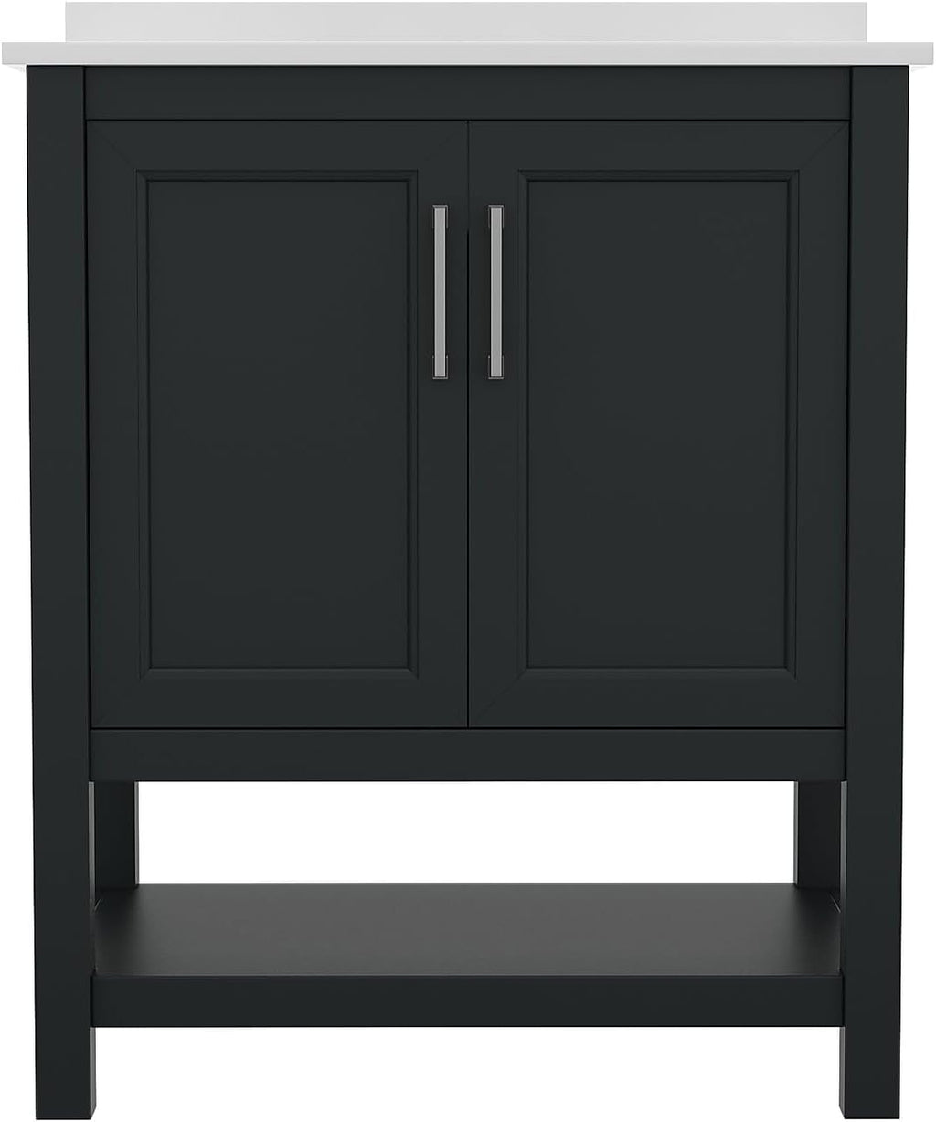 Flash Furniture Vega 30 Inch Bathroom Vanity with Sink Combo, Storage Cabinet with Soft Close Doors and Open Shelf, Carrara Marble Finish Countertop, Black