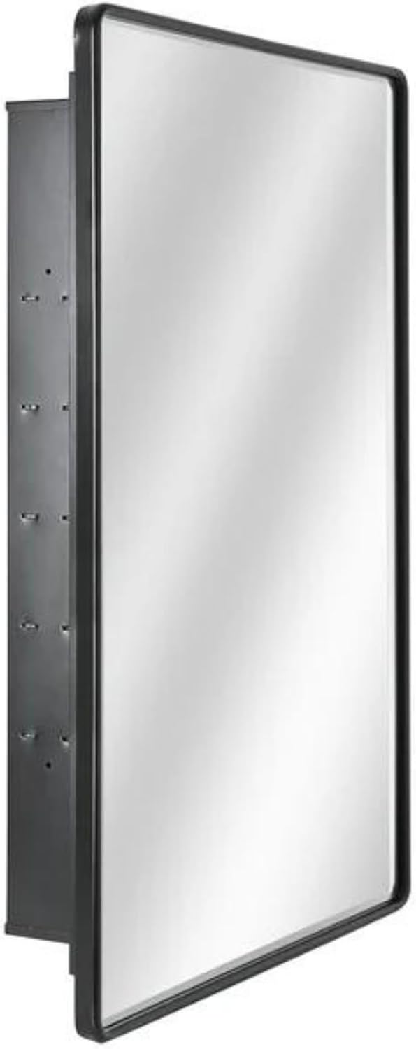 Head West Black Metal Recessed Medicine Cabinet Beveled Mirror, Bathroom Wall Mount Storage Organizer with Glass Shelves - 16' x 24'