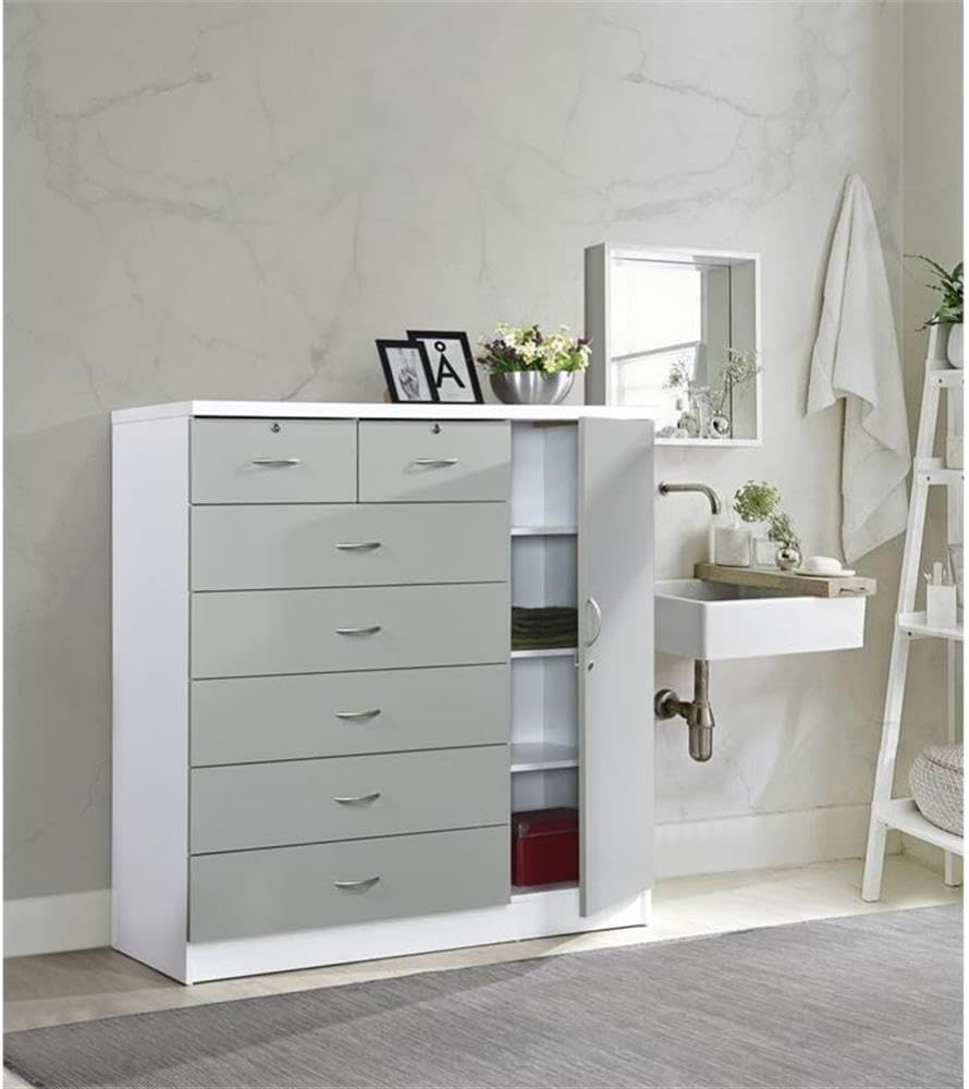 BOWERY HILL 7-Drawer Chest with Locks, Adjustable Shelves & Hanging Rod, Gray Wood, 48.6 in. H x 47.2 in. W x 17.6 in. D, Metal Roller Glides, Safety Stops, Side Door Storage, Bedroom Furniture